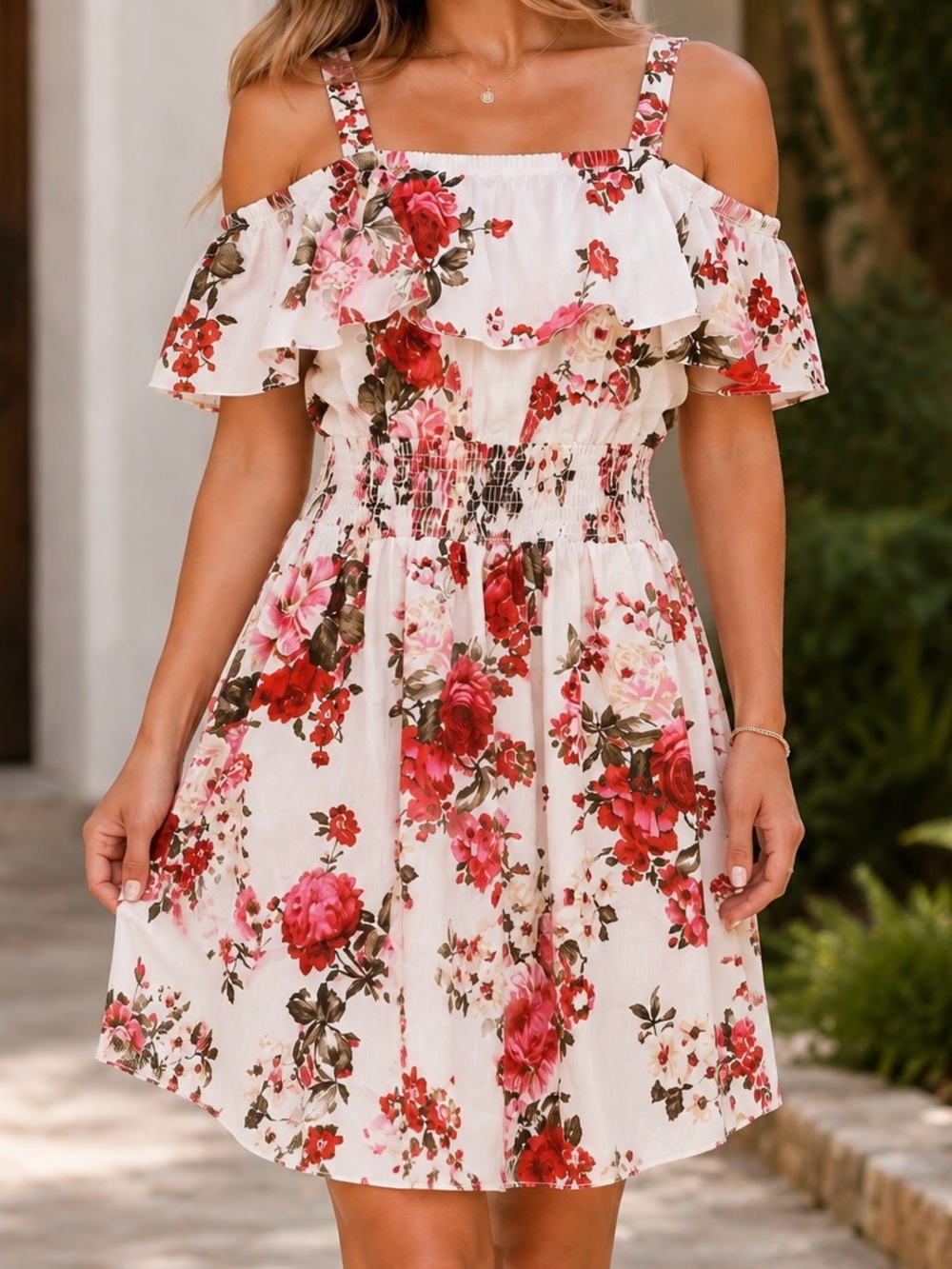 Floral Ruffle Sundress White & Red